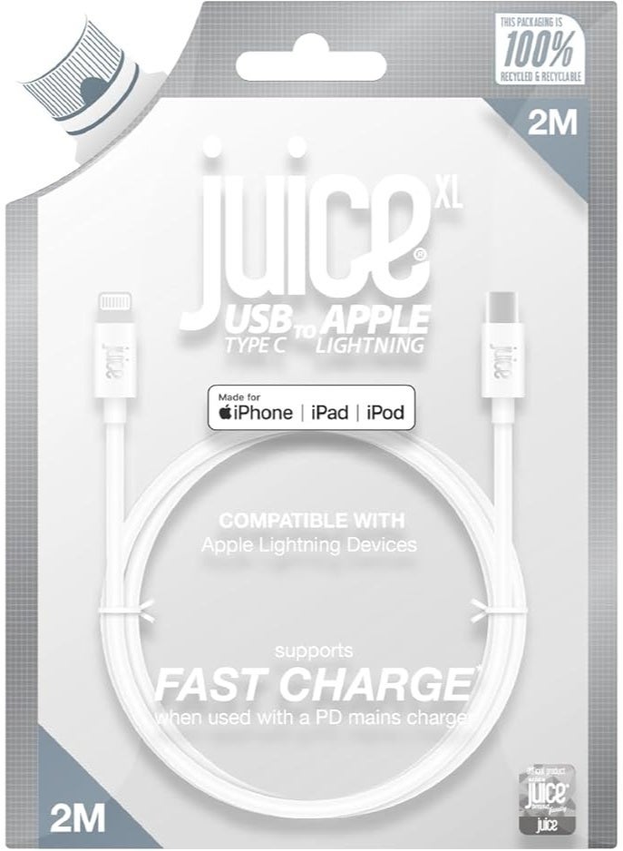 جوس كابل JUICE USB-C إلى Apple Lightning، مصنوع من مادة TPE معاد تدويرها بنسبة 100% ومعزّز للمتانة، يدعم الشحن ونقل البيانات، معتمد من MFI للشحن السريع، متوافق مع أحدث الطرازات: iPhone 17 و16 و15 و14 و13 و12 و11 Pro Max وXR وXS وX و8 وSE، بالإضافة إلى iPad، بطول 2 متر، باللون الأبيض. - Image 5